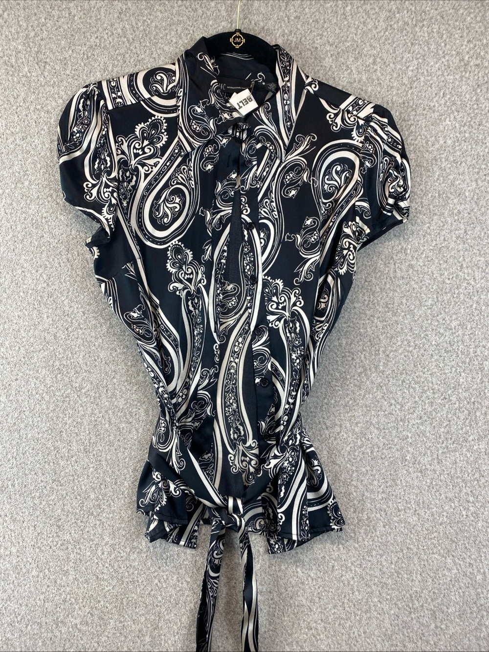 INC Silk Blend Cap Sleeve Button Down Blouse Womens Size 4 Belted Paisley Print